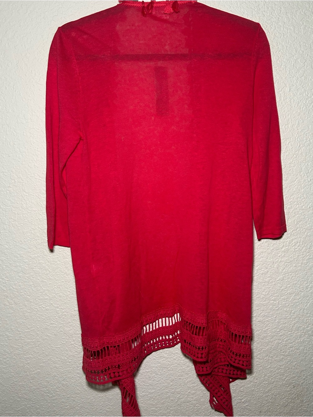 Chico's Women’s Red Open-Front Crochet Hem Cardigan Sweater Hobo Festival Whimsy - Picture 7 of 8